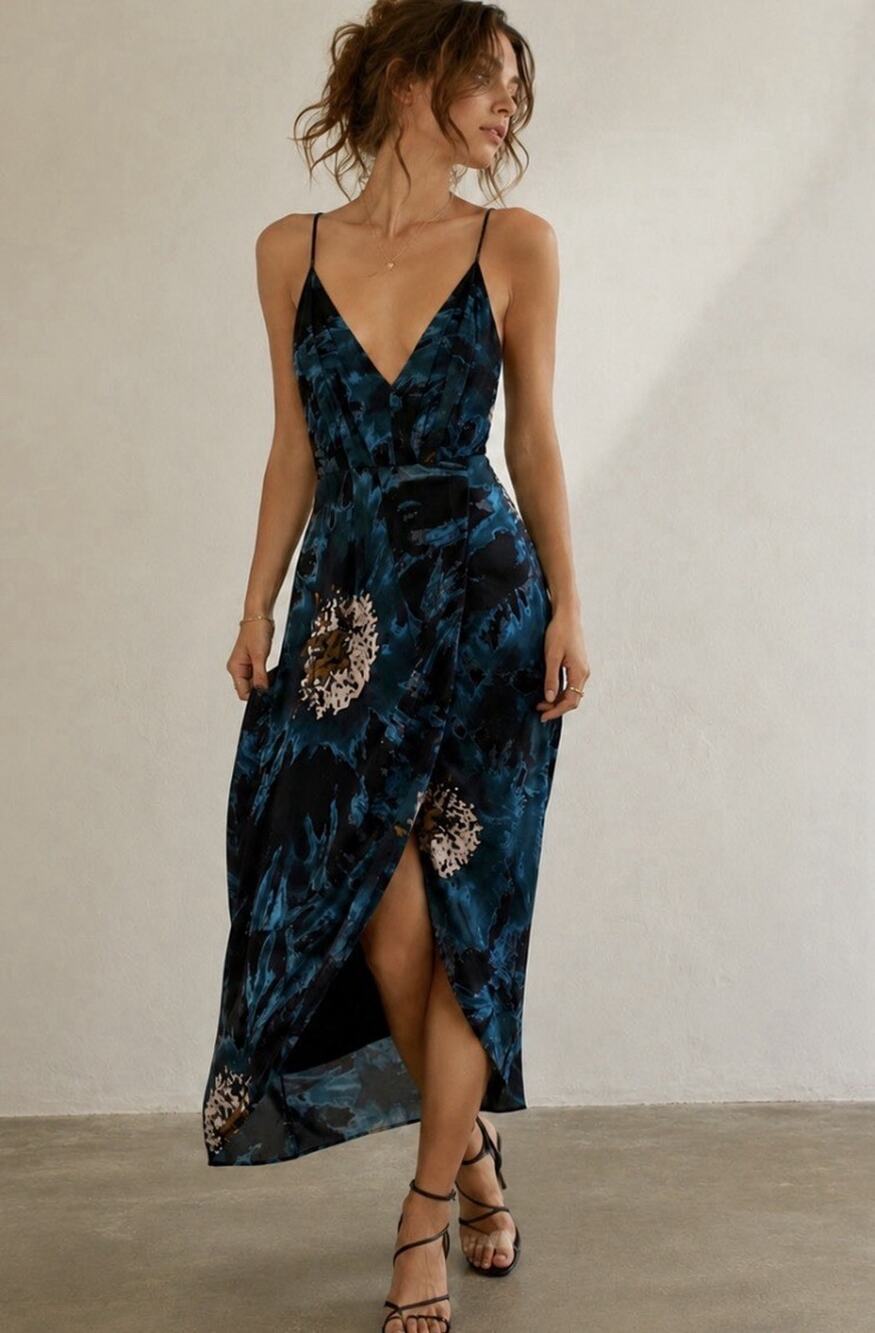 Free People Floral Satin Midi Dress Small Teal Blue Black Faux Wrap Tulip Hem 4